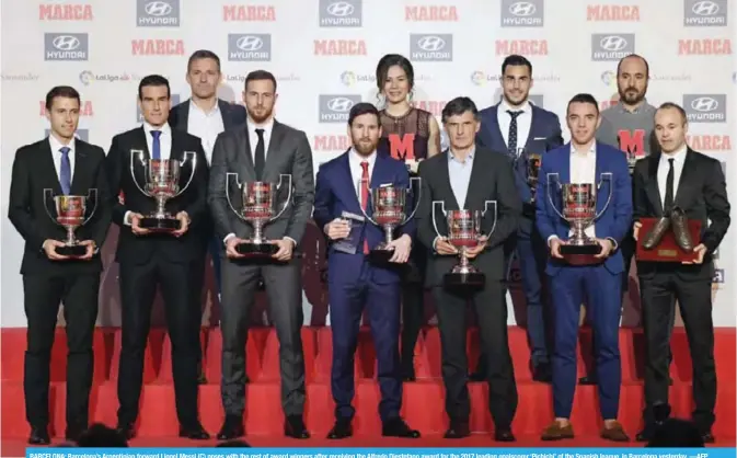  ??  ?? BARCELONA: Barcelona’s Argentinia­n forward Lionel Messi (C) poses with the rest of award winners after receiving the Alfredo Diestefano award for the 2017 leading goalscorer ‘Pichichi’ of the Spanish league, in Barcelona yesterday. —AFP