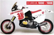  ??  ?? Tentatives en rallye sur la Cagiva 900 puis la fameuse Écureuil 1000. Une drôle de bête qui a envoyé le Grand au tapis. ECUREUIL 1000 - 1988