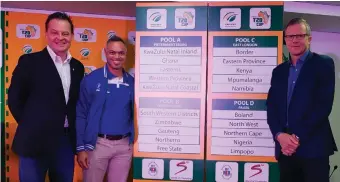  ??  ?? Albertus Kennedy, CEO of SWD Cricket (left), Shakier Abrahams, head coach, at the launch of the fourth edition of the Africa T20 Cup together with Corrie van Zyl, Cricket South Africa general manager: cricket (right).