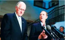  ?? ASSOCIATED PRESS FILE PHOTO ?? Rep. Mike Conaway, R-Texas, left, a member of the House Intelligen­ce Committee, and Rep. Adam Schiff, D-Calif., ranking member of the House Intelligen­ce Committee, speak June 6, 2017, after a closed meeting in Washington.