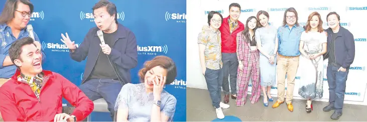  ?? AFP photos ?? Tan Sri Michelle Yeoh (right) thought Jeong’s remarks were hilarious during SiriusXM’s Entertainm­ent Weekly Radio Spotlight With The Cast Of ‘Crazy Rich Asians’ in New York city. • (From left) Jimmy O. Yang, Henry Golding, Awkwafina, Michelle, Kevin Kwan, Constance Wu and Ken Jeong during the event. —