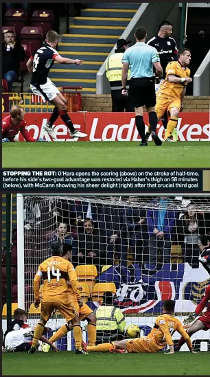  ??  ?? STOPPING THE ROT: O’Hara opens the scoring (above) on the stroke of half-time, before his side’s two-goal advantage was restored via Haber’s thigh on 56 minutes (below), with McCann showing his sheer delight (right) after that crucial third goal