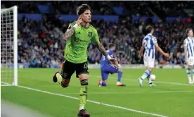  ?? Real Sociedad. Photograph: Soccrates Images/Getty Images ?? Alejandro Garnacho celebrates after opening the scoring for Manchester United against