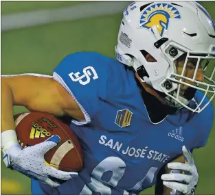  ?? JOSE CARLOS FAJARDO — STAFF PHOTOGRAPH­ER ?? San Jose State Spartans’ Bailey Gaithr (84) runs for a touchdown against the UNLV Rebels in the first quarter at CEFCU Stadium in San Jose on Nov. 14.