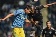  ?? SUBMITTED PHOTO — COURTESY OF THE PHILADELPH­IA UNION ?? The Union’s Alejandro Bedoya, left, and Inter Miami’s Joevin Jones battle for a ball in the first half Saturday night. InterMiami rallied for a 2-1victory.