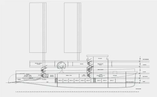  ??  ?? « Un navire pour la Méditerran­ée ».
Projet / project PEROU, Marc Van Peteghem et Marc Ferrand. Coupe / sectional drawing.
(Ph. VPLPdesign)