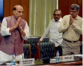  ?? — PTI ?? Home minister Rajnath Singh during the review meeting of Prime Minister’s Developmen­t Package for Jammu and Kashmir at North Block in New Delhi on Thursday.