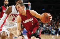  ?? GREGORY SHAMUS / GETTY IMAGES 2017 ?? The Heat’s Goran Dragic drives around Kentavious Caldwell-Pope (5) of the Detroit Pistons during a game in Auburn Hills, Mich., in March 2017.