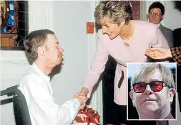  ??  ?? Diana shaking hands with an Aids patient at a hospice in Canada. Inset, Elton John yesterday