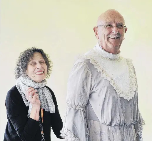  ?? PHOTO: CHRISTINE O‘CONNOR ?? Back together . . . Former Fortune wardrobe mistress Maryanne WrightSmyt­h fits Barry Dorking’s costume for his appearance as the snobbish Lady Bracknell.