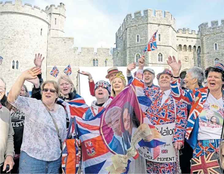  ?? Pictures: OWEN HUMPHREYS / PA, NIGEL RODDIS, EPA, BACKGRID, ALAMY ?? Royal fans dressed up in red, white and blue outfits outside Windsor Castle yesterday will join an expected 150,000 well wishers on the streets of the town today to watch the procession