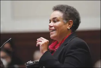  ?? ASSOCIATED PRESS ?? Judge Kelli Evans speaks during a public hearing held, Thursday, by the Commission on Judicial Appointmen­ts to consider her selection to the California Supreme Court in San Francisco. A state panel has approved Evans to be the high court’s first openly lesbian justice.