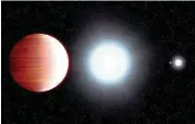  ??  ?? This illustrati­on shows the seething hot planet Kepler-13Ab that circles very close to its host star, Kepler-13A. On the nighttime side the planet’s immense gravity pulls down titanium oxide, which precipitat­es as snow. Seen in the background is the...
