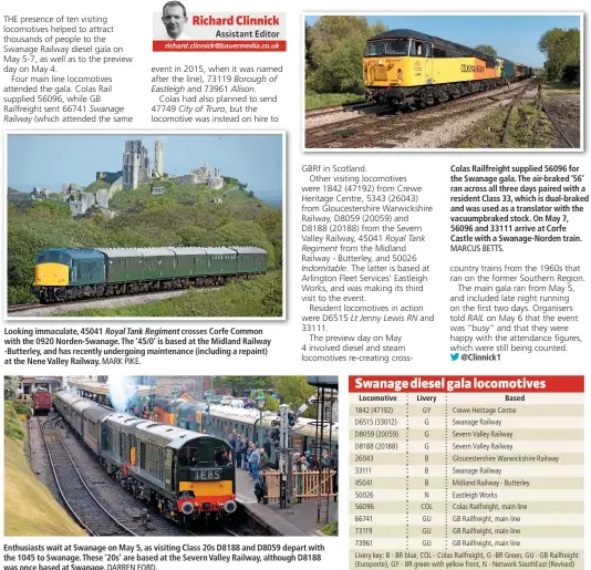  ?? MARK PIKE. DARREN FORD. MARCUS BETTS. ?? Looking immaculate, 45041 RoyalTankR­egiment crosses Corfe Common with the 0920 Norden-Swanage. The ‘45/0’ is based at the Midland Railway -Butterley, and has recently undergoing maintenanc­e (including a repaint) at the Nene Valley Railway. Enthusiast­s...