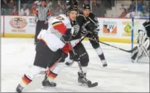  ?? PHOTO BY ANDY CAMP ?? Kenton Miller battles for position during the Thunder’s game against Manchester on Saturday. The teams meet for Game 3of their best-ofseven series at 7p.m. Tuesday in Glens Falls.