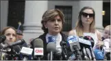  ?? BEBETO MATTHEWS — THE ASSOCIATED PRESS ?? Attorney Gloria Allred, center, flanked by two of her clients, speaks Tuesday during a news conference after leaving a Manhattan court where sexual victims, on invitation of a judge, addressed a hearing after the accused Jeffrey Epstein killed himself before facing sex traffickin­g charges in New York.