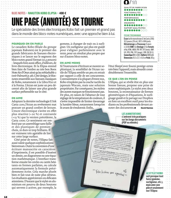  ??  ?? LES ANNOTATION­S s’avèrent très pratiques sur les longs documents (PDF ou ebooks)
LE STYLET KOBO sait presque tout faire (gomme, surligneur, etc.), mais avec une pile et seulement sur l’Elipsa