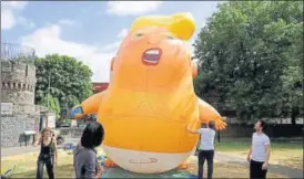  ?? AP ?? A sixmetre high cartoon blimp of Donald Trump in Bingfield Park, north London.