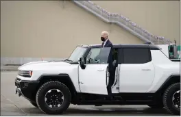  ?? EVAN VUCCI — THE ASSOCIATED PRESS ?? President Joe Biden gets into a Hummer at the General Motors Factory ZERO electric vehicle assembly plant in Detroit on Wednesday.