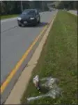  ?? PETE BANNAN — DFM ?? Flowers sit on the spot where a pedestrian was struck and killed on West Chester Pike Saturday evening near the Keikoku restaurant. The driver fled the scene.