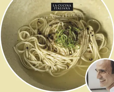  ?? ?? Tradizione e innovazion­e negli “Inaniwa ramen, acqua di pecorino, pepe sansho e king crab”, di Antonio D’Angelo, chef del Nobu di Milano.