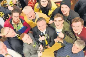  ??  ?? Celebratio­n
Alyn Smith with SNP supporters in the Albert Halls following the count