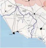  ??  ?? Map showing Allied and Axis positions at Anzio 1 February 1944, with the positions of the front line in the morning and evening. I Infantry Brigade had driven an exposed salient in the direction of Campoleone, which was subsequent­ly ground down in the fierce fighting