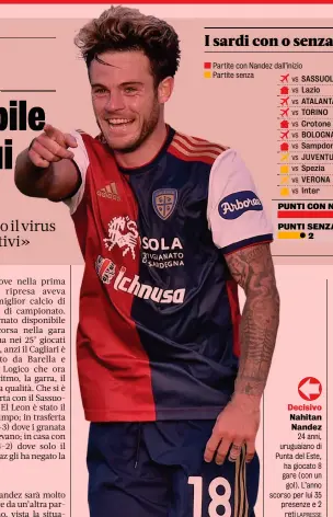  ?? LAPRESSE ?? Decisivo Nahitan Nandez 24 anni, uruguaiano di Punta del Este, ha giocato 8 gare (con un gol). L’anno scorso per lui 35 presenze e 2 reti