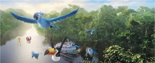  ??  ?? Blu ( Jesse Eisenberg), Jewel ( Anne Hathaway) and their three kids are joined by Rafael ( George Lopez), Nico ( Jamie Foxx) and Pedro ( will. i. am) as they soar over the Amazon in Rio 2.