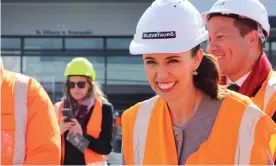  ??  ?? New Zealand prime minister Jacinda Ardern visits a constructi­on site in Taupo. Labour is borrowing to invest in large-scale private sector infrastruc­ture projects, which overwhelmi­ngly benefit men. Photograph: Ben Mckay/AAP