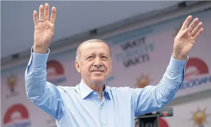  ?? AP ?? Turkey’s President Recep Tayyip Erdogan gestures the audience during an election rally of his ruling Justice and Developmen­t Party, or AKP, in Istanbul last month.