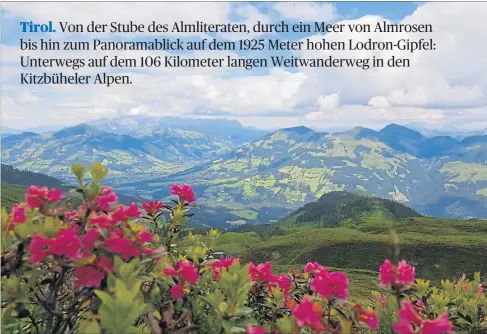  ?? [ Kitzbühele­r Alpen Marketing/Daniel Gollner und Christina Jöchtl, Julia Neuhauser] ?? Eindrücke von der Weitwander­ung: Ein wunderschö­ner Blick vom Lodron in die Weite, eine gemütliche Bank zum Verweilen und ein Besuch beim Senner Sepp Kahn.