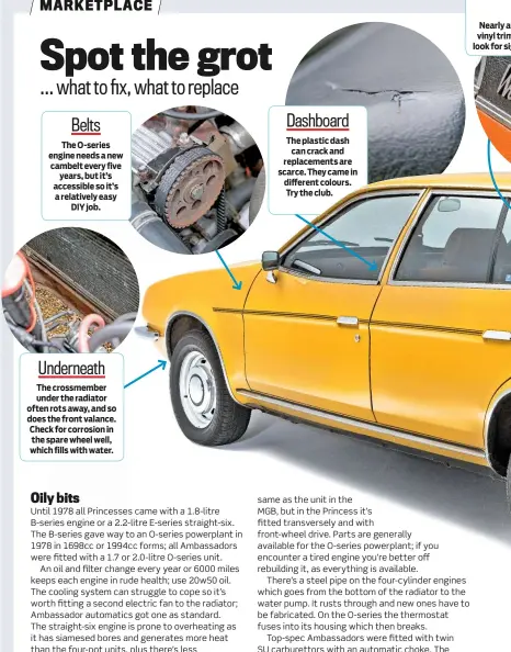  ??  ?? Dashboard Belts The plastic dash can crack and replacemen­ts are scarce. They came in different colours. Try the club. The O-series engine needs a new cambelt every five years, but it’s accessible so it’s a relatively easy DIY job. Underneath The crossmembe­r under the radiator often rots away, and so does the front valance. Check for corrosion in the spare wheel well, which fills with water.