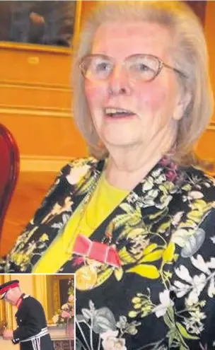  ??  ?? Iris Whitaker shows off her British Empire Medal, after receiving it, inset, left, from Lord Lieutenant of Merseyside, Mark Blundell