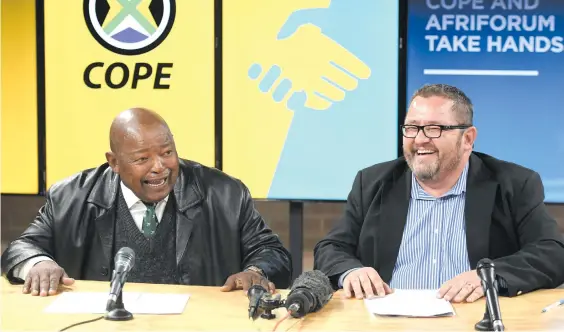  ?? Picture: Gallo Images ?? Congress of the People (Cope) leader Mosiuoa Lekota, left, seen here with AfriForum CEO Kallie Kriel, has said his party wanted to capitalise on the desperatio­n of Afrikaners and secure their votes in the 2019 general election. Last week, Lekota joined an anti-farm killings march organised by AfriForum to the Union Buildings in Pretoria.