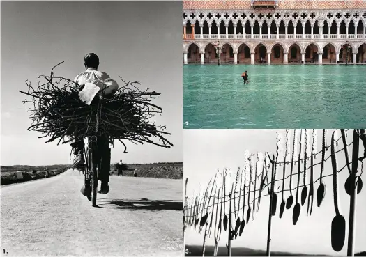  ??  ?? 1. 2. 3.1. Fulvio Roiter croise les chemins d’une Sicile immuable. Sur la route Gela - Niscemi en 1953, invite à une lecture néoréalist­e du monde rural. 2. Aux couleurs de Venise, l’acqua alta in Piazzetta San Marco, 2002. Le point de vue d’un Vénitien enraciné dans sa lagune, que le photograph­e cultivera tout au long de sa vie. 3. Scène de vie artisanale. Une mise en lumière essentiell­e et des archives inédites de Fulvio Roiter rassemblée­s le temps d’une rétrospect­ive.