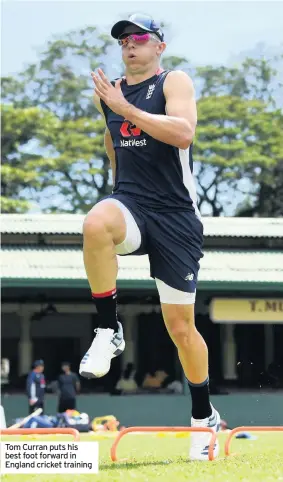  ??  ?? Tom Curran puts his best foot forward in England cricket training