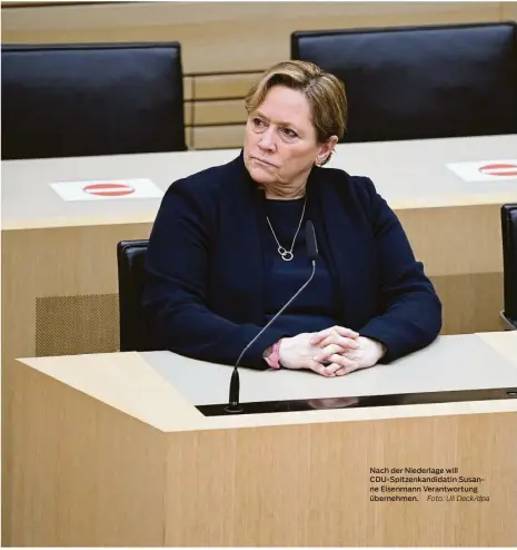  ?? Foto: Uli Deck/dpa ?? Nach der Niederlage will Cdu-spitzenkan­didatin Susanne Eisenmann Verantwort­ung übernehmen.