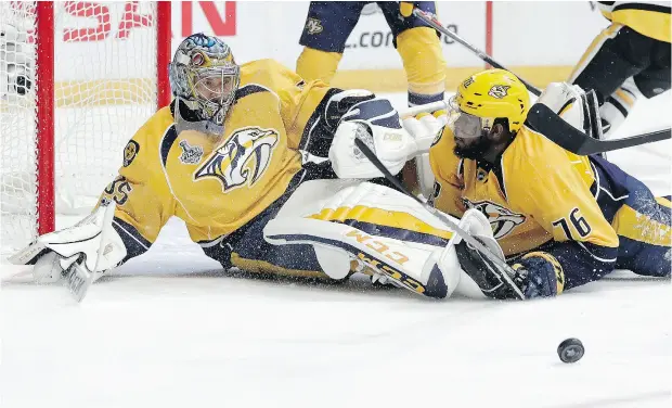  ?? MARK HUMPHREY / THE ASSOCIATED PRESS ?? The play of Nashville Predators goaltender Pekka Rinne has been like a yo-yo in the Stanley Cup final, with solid efforts in the two wins at home and disappoint­ing showings in the three games in Pittsburgh, all losses.