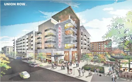  ?? PHOTOS COURTESY OF LRK ?? A rendering shows the proposed Union Row developmen­t in Downtown Memphis, near the FedEx Forum. Plans are for the $950 million project to feature apartments, retail and office space, and more in a lagging area of Downtown.