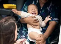  ?? CHRIS MCKEEN /STUFF ?? Six-month-old Fono John reacts to getting the measles vaccinatio­n jab from New Zealand nurse Donna Horlock.