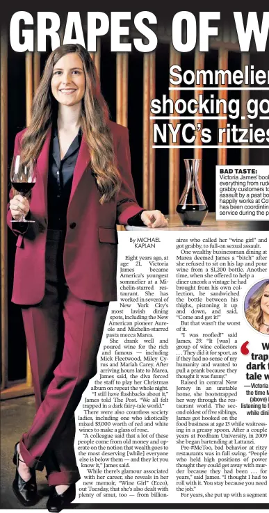  ??  ?? BAD TASTE: Victoria James’ book details everything from rude celebs to grabby customers to sexual assault by a past boss. She now happily works at Cote, where she has been coordintin­g delivery service during the pandemic.
Photo: Tamara Beckwith/NY Post; Stylist: Haley Wells; Hair/ Makeup: T. Cooper using ECRU NY; Location: Cote, 16 W 22nd St.
Blazer, $129, and trousers, $69, both at Zara.com; White Story shirt, $323 at MatchesFas­hion.com; Mules, $380 at En.ReikeNen.com.