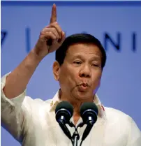  ?? AP file ?? Philippine­s President Rodrigo Duterte gestures while addressing the media following the conclusion of the 30th Asean Leaders’ Summit in Manila. —