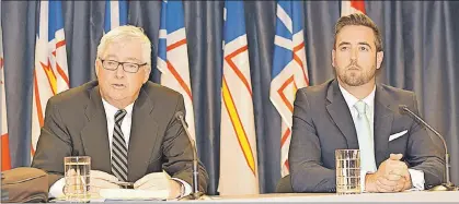  ?? TARA BRADBURY/THE TELEGRAM ?? Justice Leo Barry of the Newfoundla­nd and Labrador Court of Appeal (left) will lead a commission of inquiry into the death of Donald Dunphy last year. Barry joined Justice Minister Andrew Parsons (right) at a news conference Friday afternoon, where the...