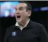  ?? TONY AVELAR — THE ASSOCIATED PRESS ?? Duke head coach Mike Krzyzewski is making his record 13th Final Four appearance, passing UCLA's John Wooden.