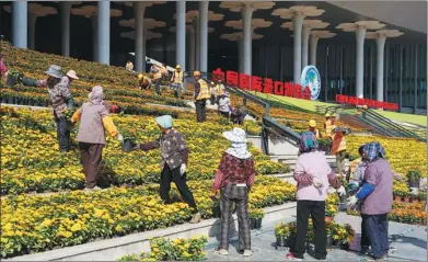  ?? PHOTOS BY GAO ERQIANG / CHINA DAILY ?? Horticultu­re workers decorate the southern square of the National Exhibition and Convention Center (Shanghai), the host venue of the upcoming CIIE, with pots of flowers on Oct 28.