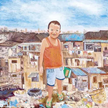  ??  ?? “Baste, a Boy from Navotas”: Elena drew inspiratio­n from the sight of a young boy with an innocent, joyous smile. In this portrait, the artist chose to depict the subject as symbolical­ly rising above abject poverty through his pangarap (dream).