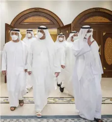  ?? Abdullah Al Neyadi for the Ministry of Presidenti­al Affairs ?? Sheikh Saud bin Saqr Al Qasimi, Sheikh Hamad bin Mohammed Al Sharqi, Ruler of Fujairah, and Sheikh Hazza bin Zayed, Vice Chairman of Abu Dhabi Executive Council, at Mushrif Palace