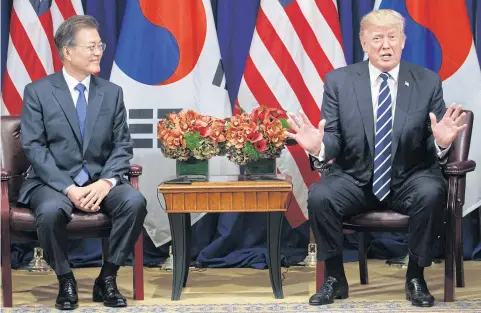  ?? AP ?? US President Donald Trump speaks at a meeting with his South Korean counterpar­t Moon Jae-in at the Palace Hotel during the UN General Assembly in New York last year.