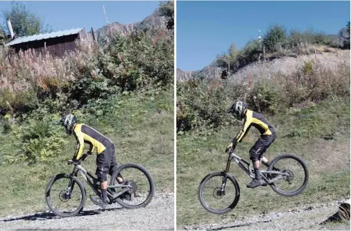  ??  ?? Le pilote met le vélo parallèle à la pente, pour poser les deux roues en même temps. Les jambes et les bras se tendent afin d’amortir l’atterrissa­ge.